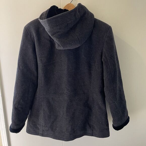 Apostrophe‎ Wool Blend Coat Womens L Black fur Trim Lined Hooded Zip penny lane - Picture 5 of 9